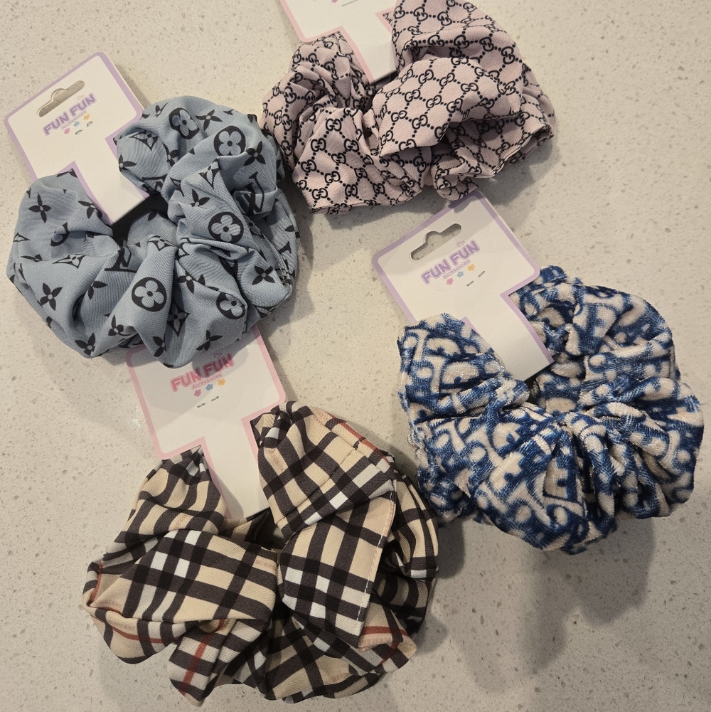 Patterned Scrunchie Set - Blue, Pink, Beige, and Navy